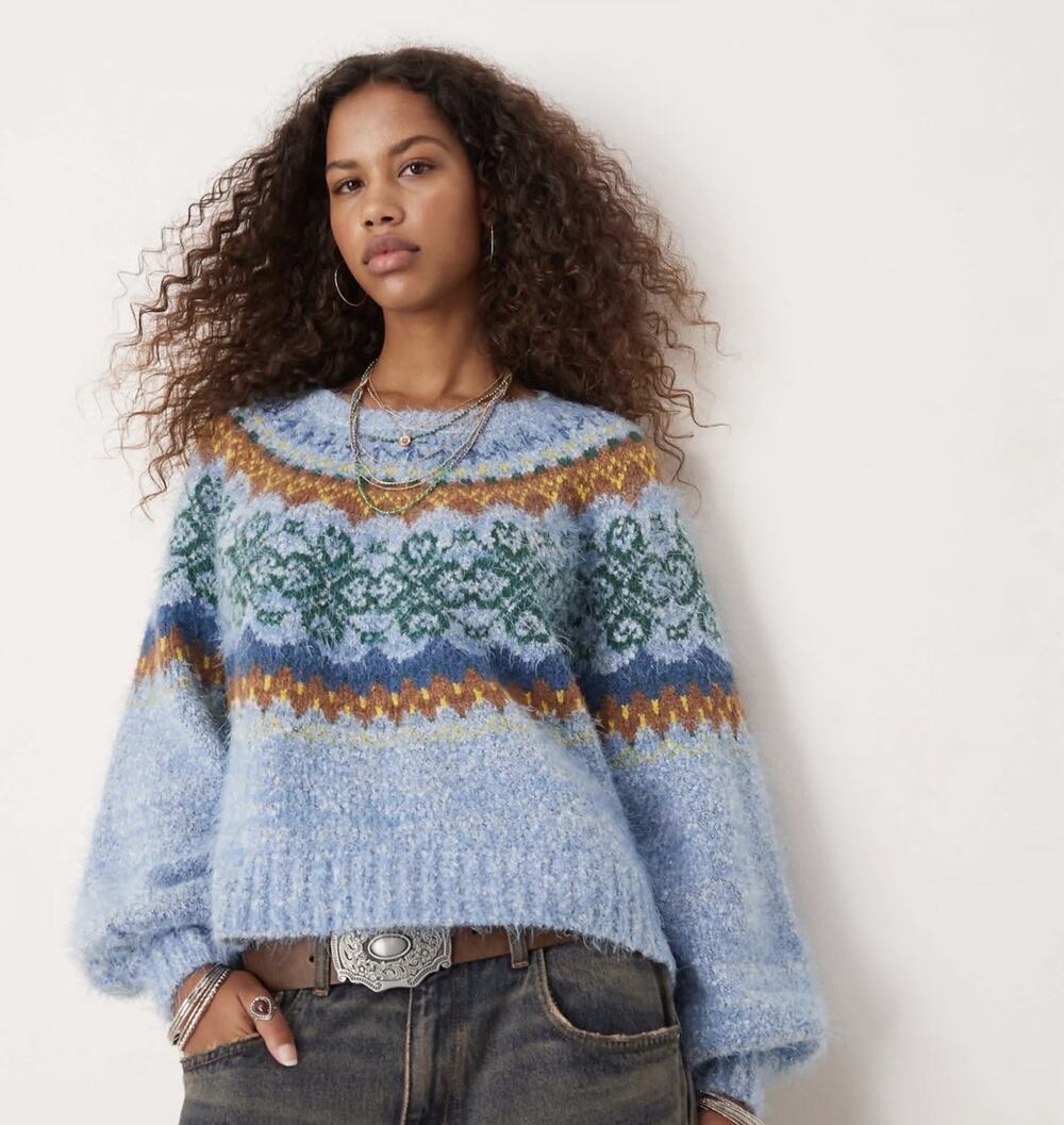 Free People Festive Frost Fair Isle Fuzzy Sweater Small Blue Green Oversized